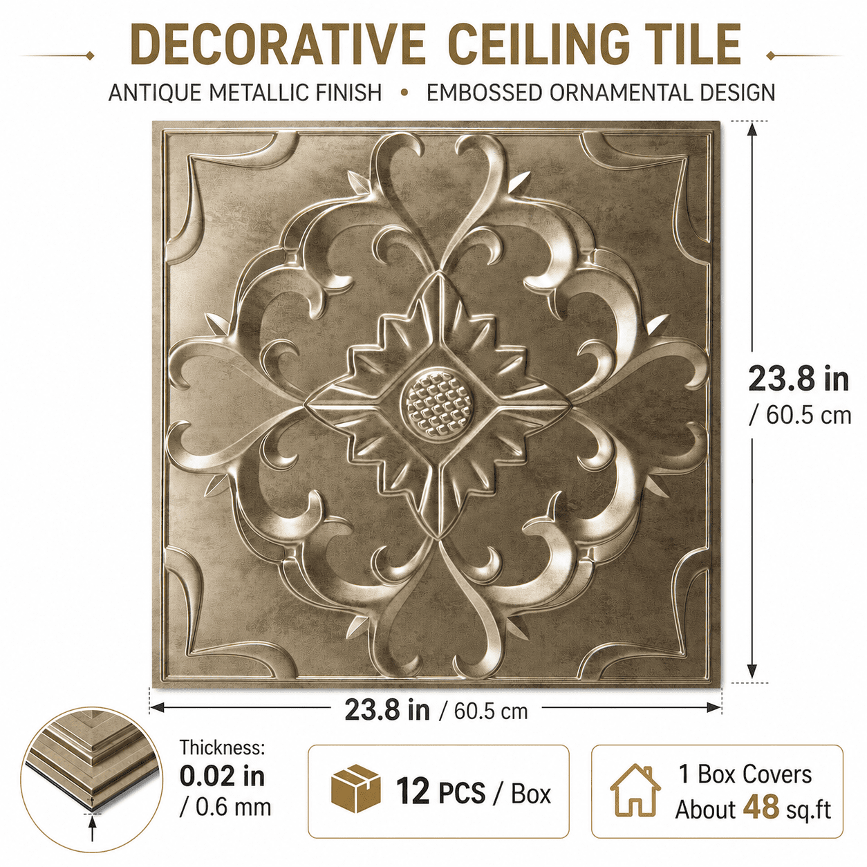Yeslife 12-Pack 2 ft x 2 ft PVC Drop Ceiling Tiles, Vintage 3D Embossed Decorative Panels, Waterproof, Glue-up, Antique Gold, 48 sq ft
