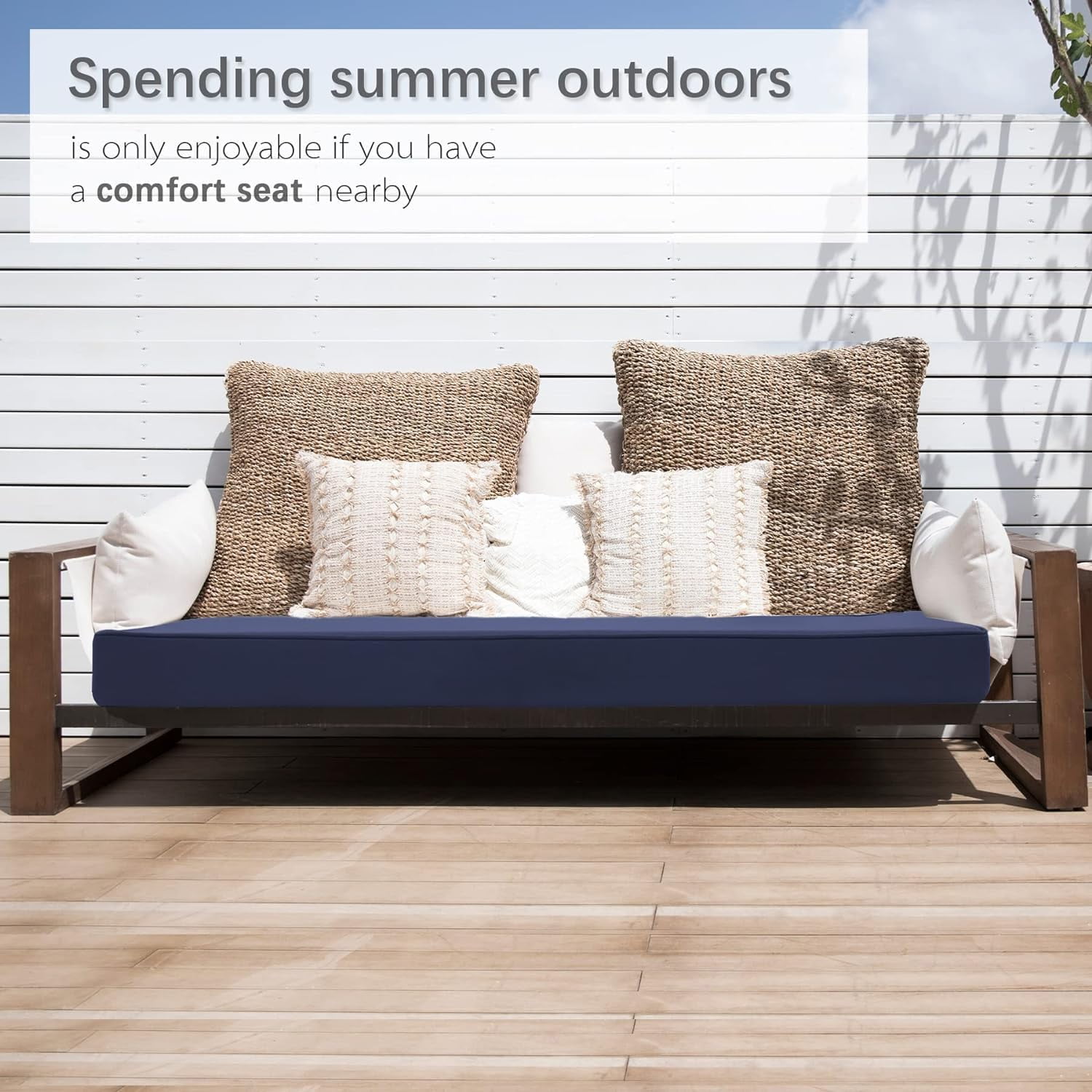 Outdoor Bench Cushion 48 x 18 Inch Waterproof Patio Furniture Cushions 3-Year Color Fastness Garden Sofa Settee Couch Swing Pads with Handle and Adjustable Straps, Blue