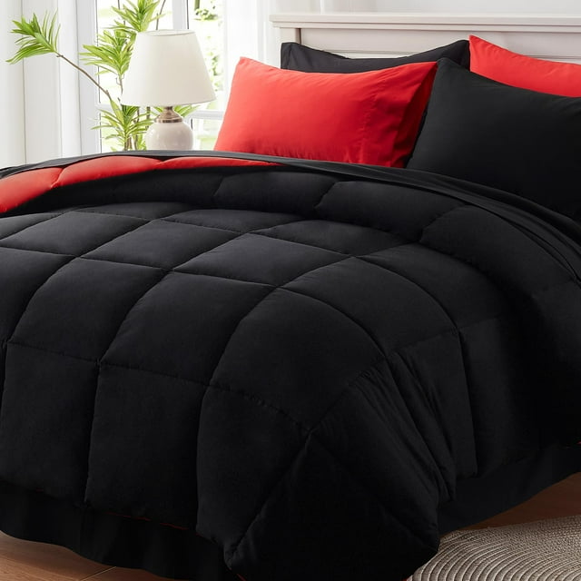 Juego de edredón Anluoer para cama king size de 7 piezas, negro, para todas las estaciones