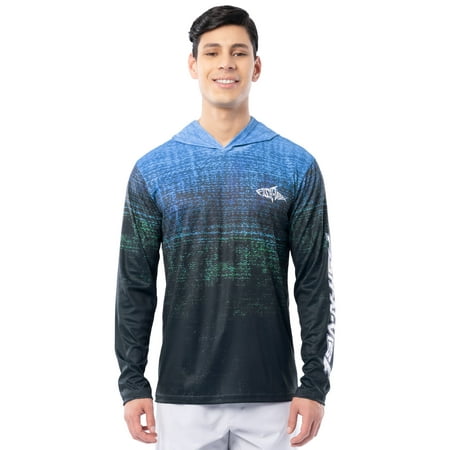 Fish N Vibe Men's Long Sleeve Performance UPF 30 Fishing Graphic Hoodie, Murky Walleye-Blue, XL
