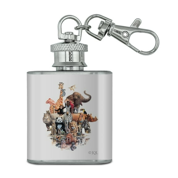Diverse Animal Family Reunion Elephant Giraffe Panda Lion Walrus Hippo Stainless Steel 1oz Mini Flask Key Chain