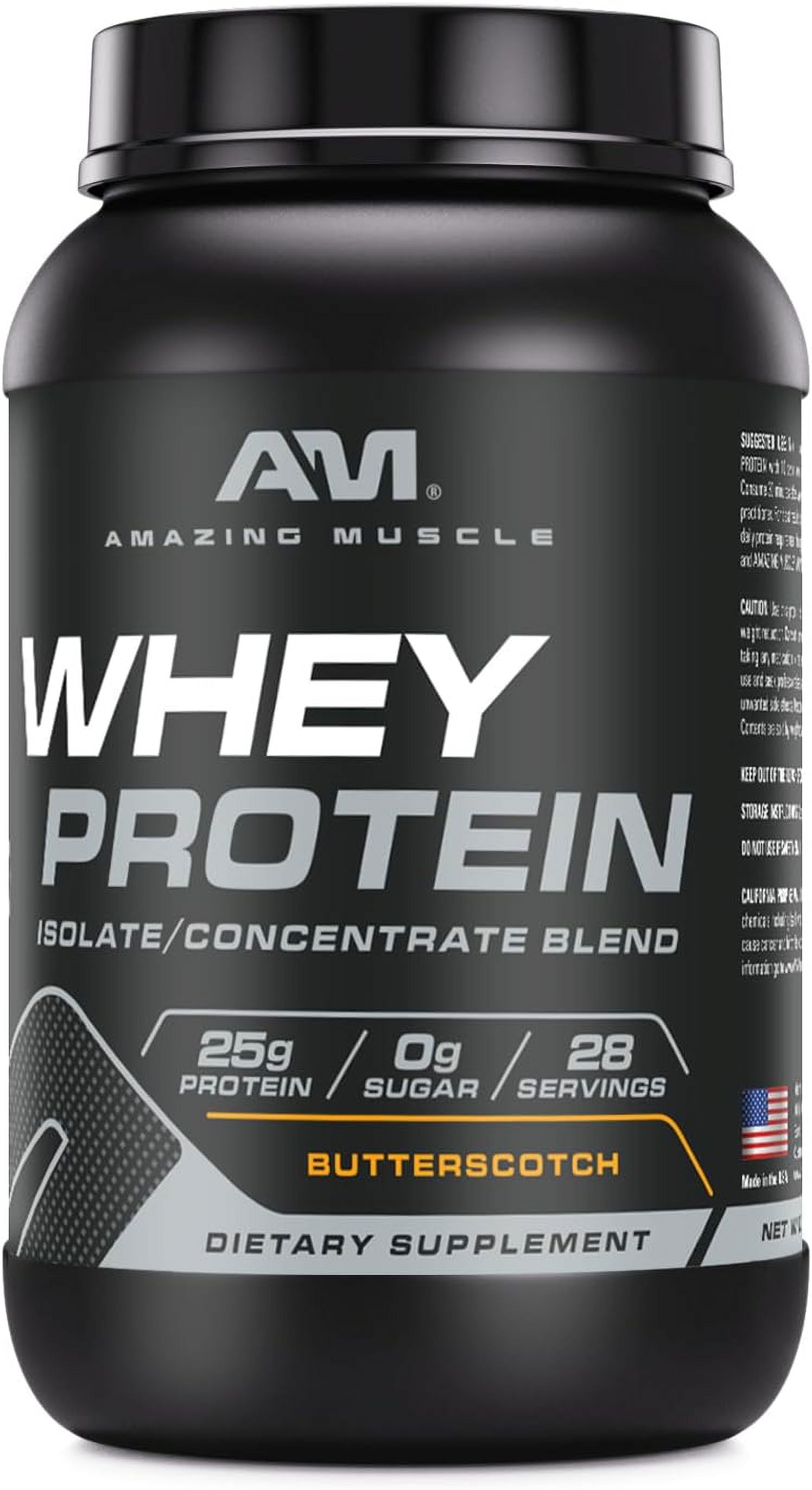 Amazing Muscle Whey Protein (Isolate & Concentrate) 2 Lbs Powder Supplement | Butterscotch Flavor | 28 Serving | Non-GMO | Gluten-Free | Made in USA
