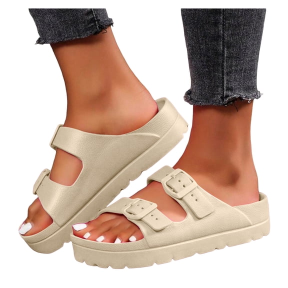Rokment Women's Double Buckles Platform Slides Sandals Classic Casual Wide Width Open Toe Chunky Flat Comfortable Walking Slip on Slippers for Indoor Outdoor Waterproof Beige Size 6
