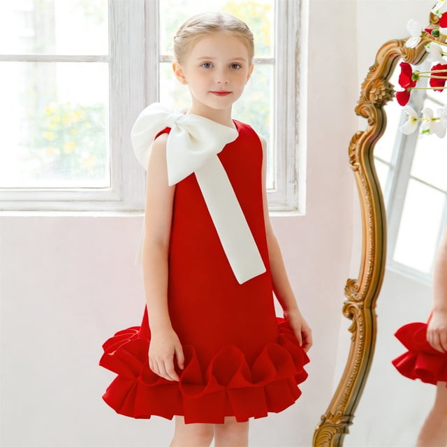 GIRLS PARTY DRESS WITH 3D BOW LAYERED SKIRT AND RUFFLED LACE TRIM FOR FORMAL PAGEANT GOWN DAILY WEAR AND