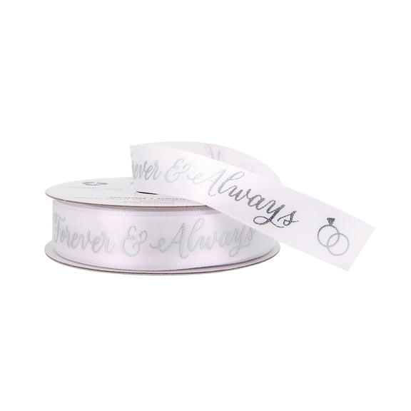 Celebrate It 5/8" x 7yd. White Satin Foil Forever Ribbon - Silver Foil Text, Non-Wired with Woven Selvage, Polyester, Ideal for Weddings, Anniversaries & Gift Wrapping, 12 Pack