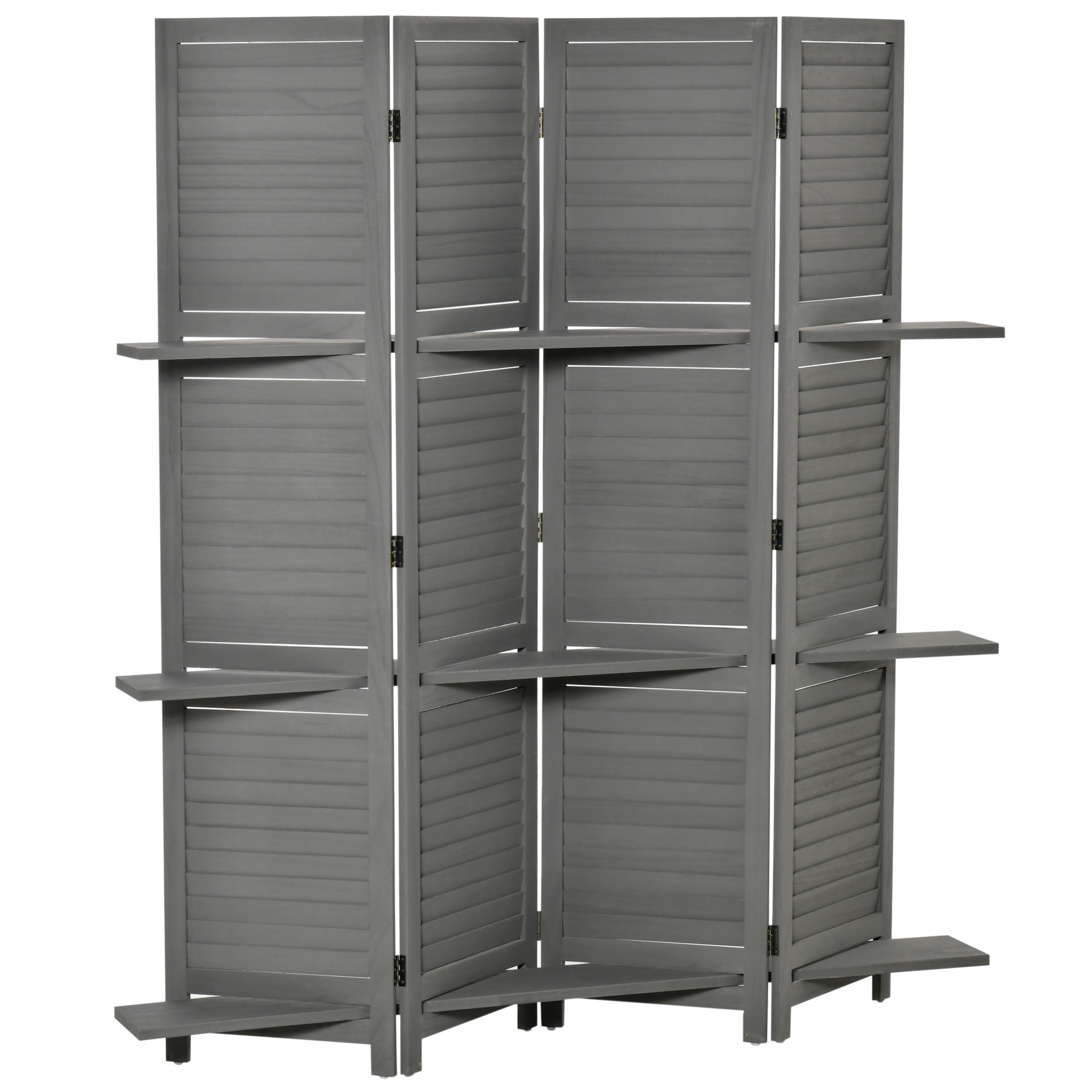 HOMCOM 4 Panel Wood Privacy Screen Room Divider with 3 Shelves 67" Grey