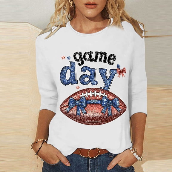 Mifsaly Plus Size Game Day Shirt Women Glitter Letter Print 3/4 Sleeve Football Tee Loose Comfortable Sport Pullover Team Fans Game Day T Shirts XXXXL