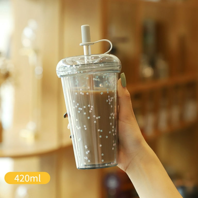1pc Transparent Striped Glass Coffee Cup With Lid & Glass Straw