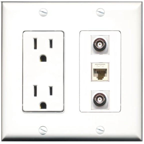RiteAV - 15 Amp Power Outlet 2 Port BNC 1 Port Cat6 Ethernet Ethernet White Decorative Wall Plate