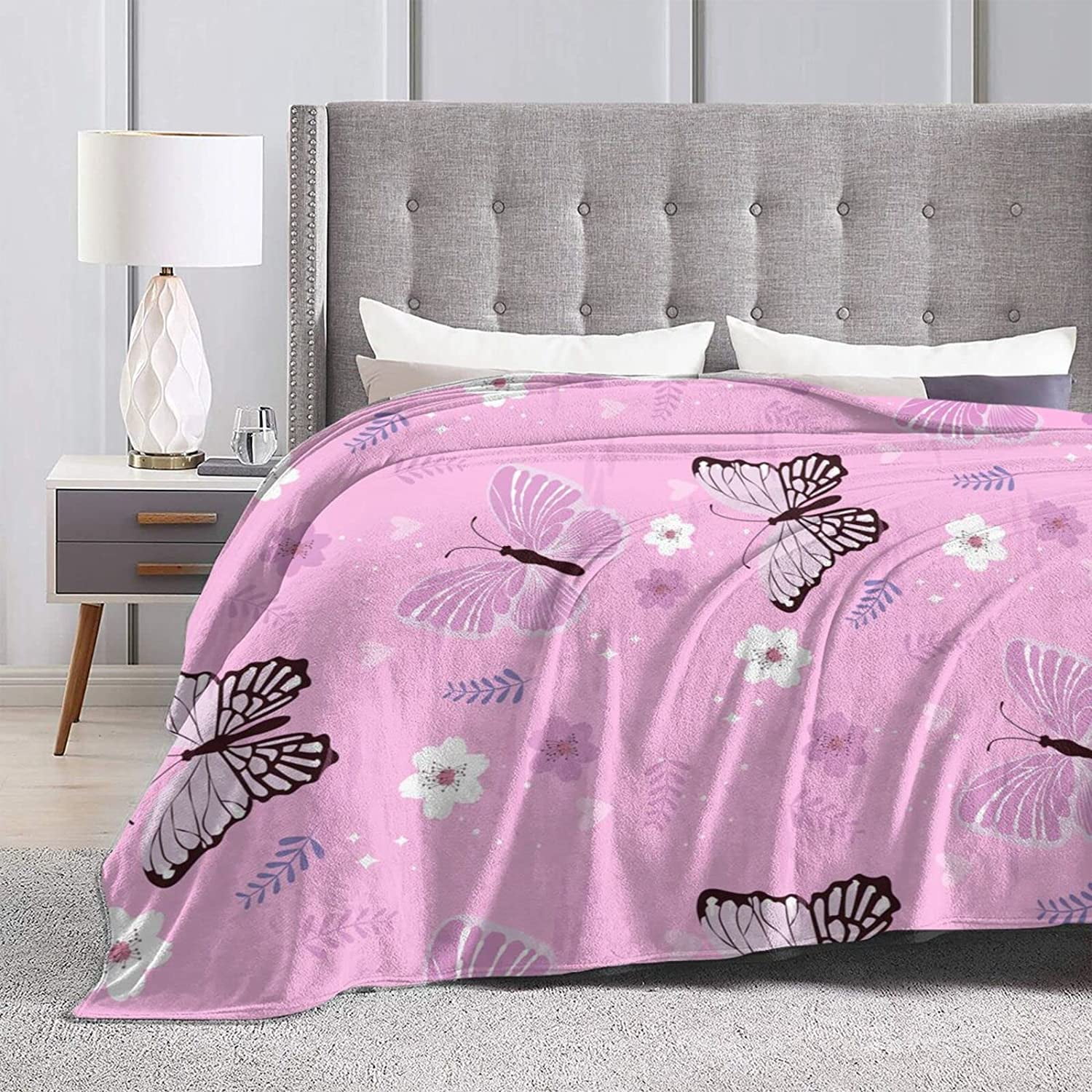 Throw Blanket Pink Butterfly Super Soft Micro Fleece Bed Throw Blanket Plush Lightweight Decorative Couch Sofa Travel Lap For Men Women Kids 5htooq