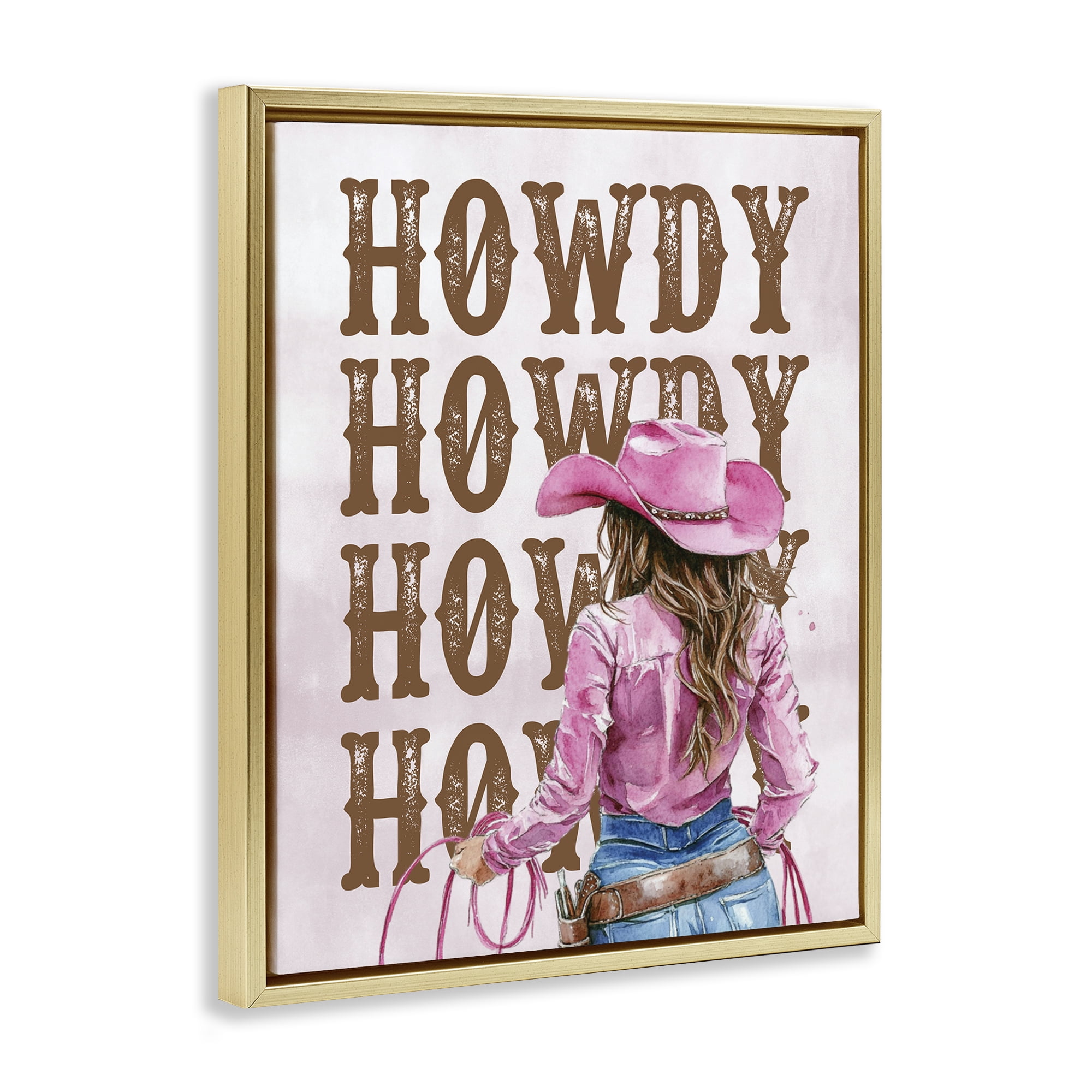 Stupell Industries Pink & Brown Howdy Cowgirl People Painting Gold Floater Framed Canvas Art Print Wall Art, 25 x 31