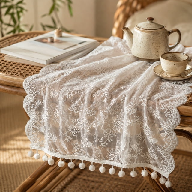 Deeceymbur Delicate Lace Fabric French Table Flag Decoration Lightweight Breathable Semi-Transparent for Dining Table Model Room