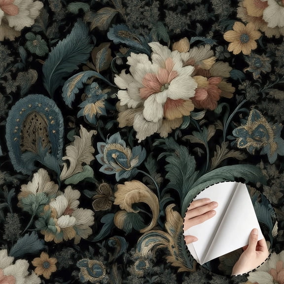 Dark Vintage Floral Wallpaper, Boho Rustic Peel and Stick Wallpaper Waterproof, Home Decor Wall Decal for Living Room Bedroom Bathroom Kitchen Cabinet Drawer Rental Property 17.7 * 78.5 in