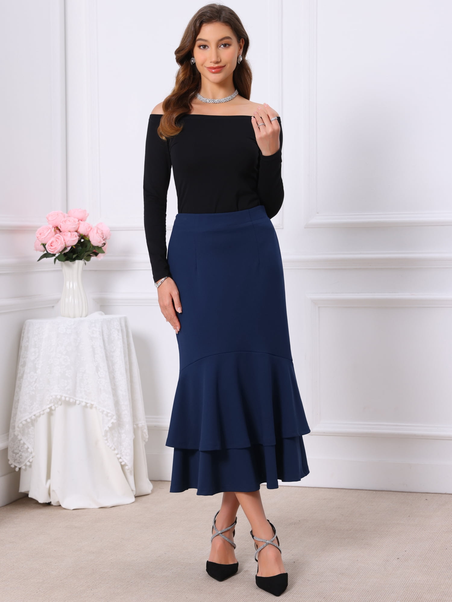 DARING DIVA Women's Ruffle Fishtail Skirt High Waist Bodycon Skirts S Dark Blue