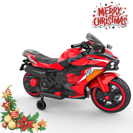 Werseon 12V Motorcycle Ride on Toy for Kids, Rechargeable Motorcycle with LED Light & Training Wheels, up to 90lbs, Red