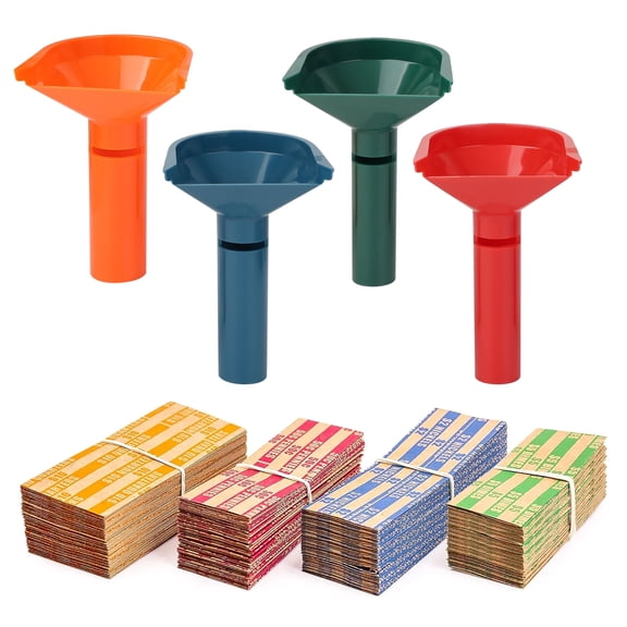 TSV 200 Assorted Flat Striped Coin Wrappers & 4 Coin Sorters Tubes, Color-Coded Coin Counters for Penny, Nickel, Dime, Quarter, Easy to Load