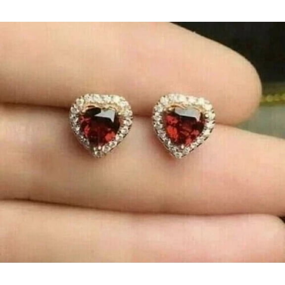 Heart Shape Halo Stud Earrings 2.00Ct Heart & Round Cut Lab Created Red Ruby & Diamond 14K Yellow Gold Plated Silver
