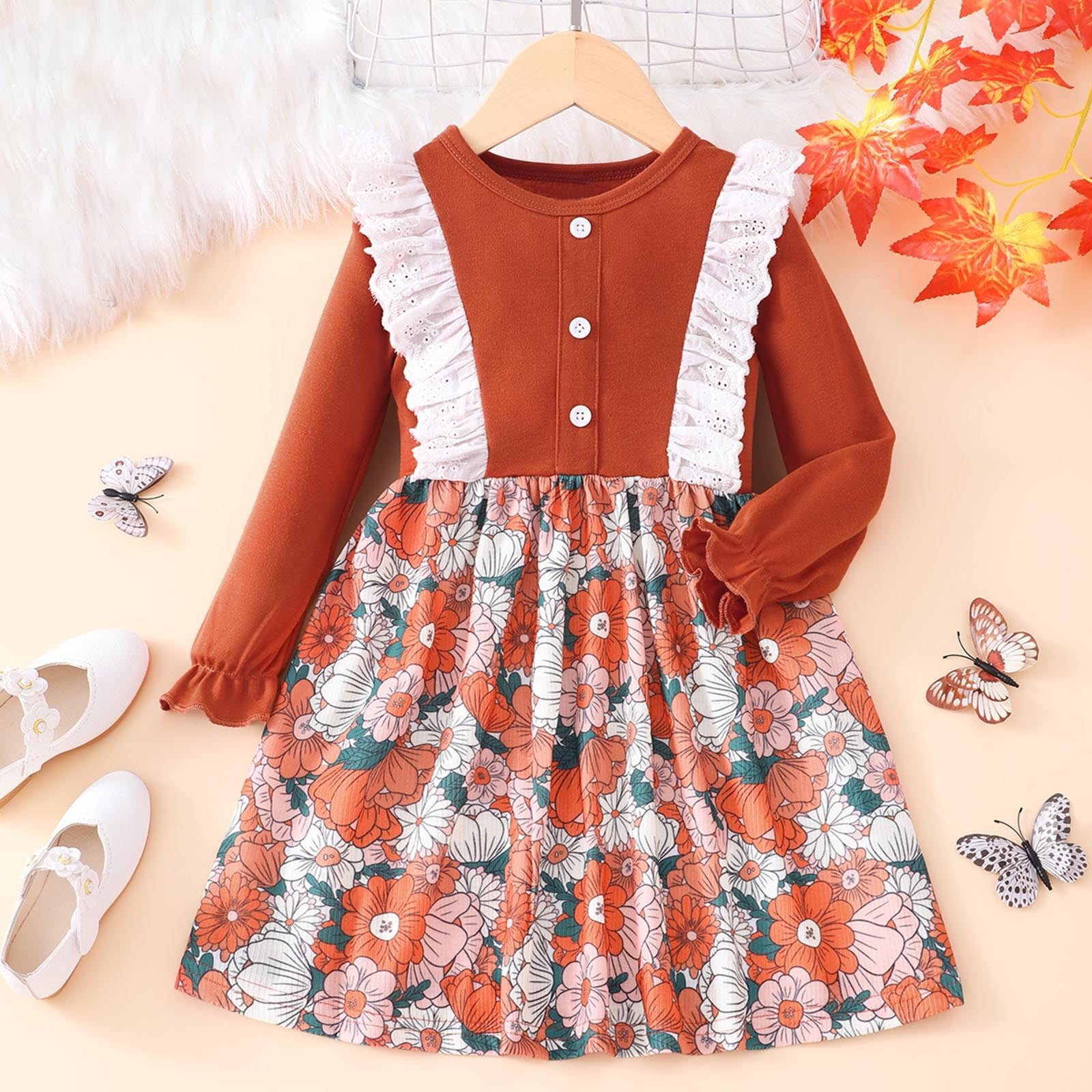 RKSTN Toddler Girls Dress Long Sleeve Dress Children Printing Fall Spring Leisure Toddler Baby Girl Long Sleeve Round Neck Princess Dress