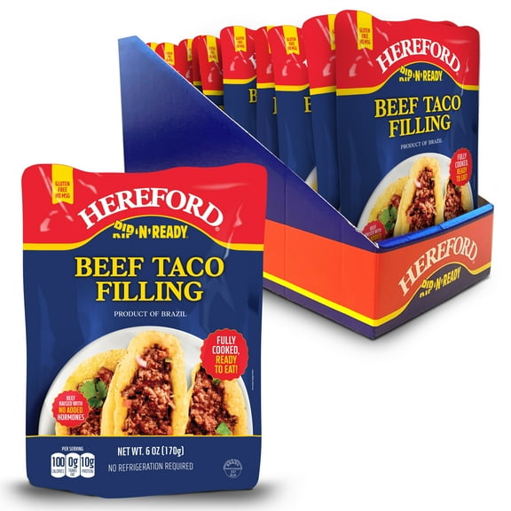 Hereford Fully Cooked Beef Taco Filling, Shelf Stable Pouch, 6 oz (Case of 12)