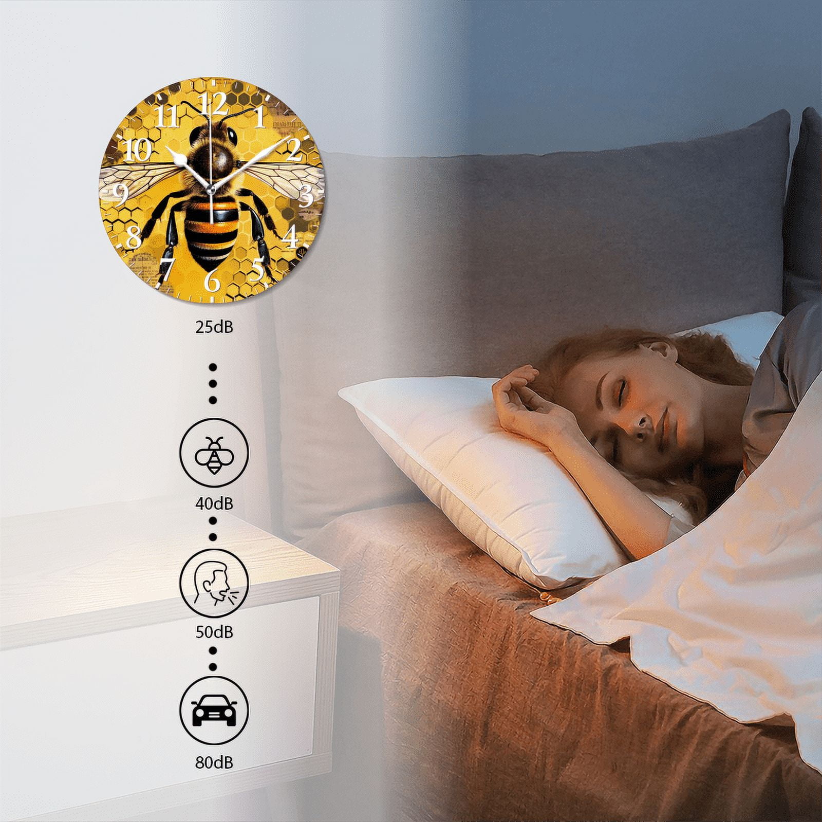 Modern Round Wall Clocks Non-Ticking Silent Clocks Battery Operated Quartz Clock Decorative for Bathroom,Office-Expressive Bee With Black And Yellow Stripes On Body(14inch)