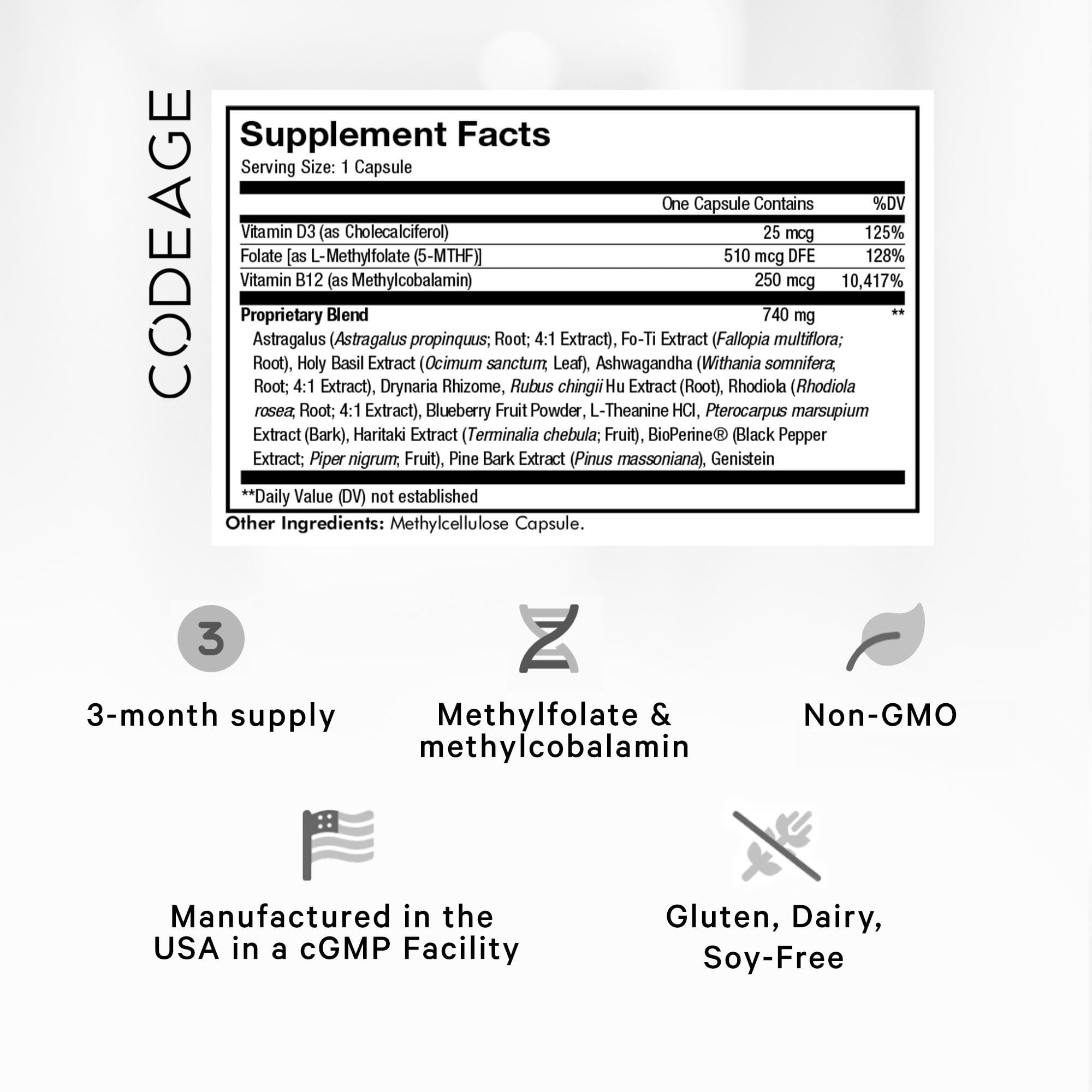 Codeage Ultra Life Telomeres, Folate 5-MTHF, Vitamin D3 & B12 Methylcobalamin, Botanicals, 90 ct