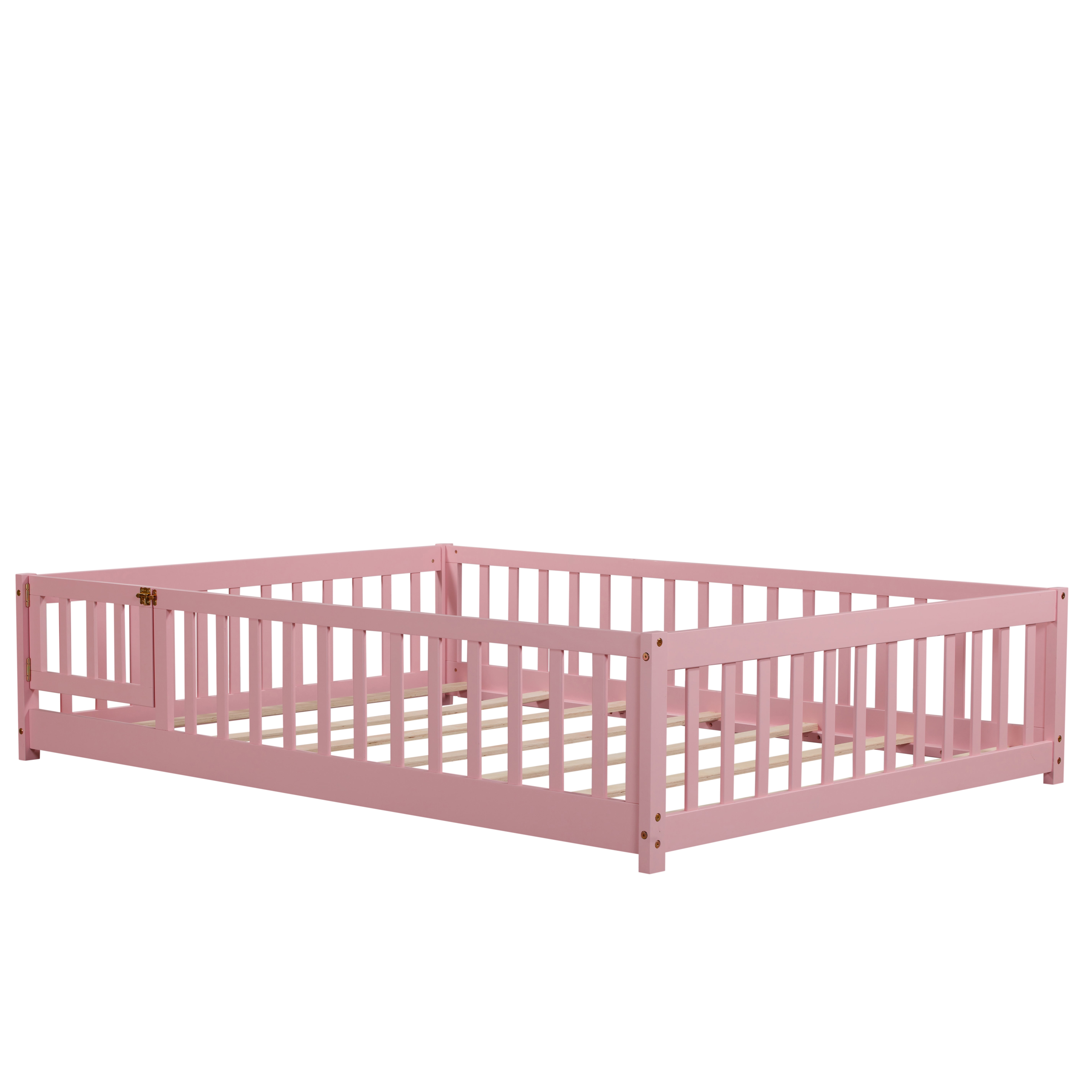 Miniyam Full Size Floor Bed for Kids, Montessori Bed with Slats, Safety Fence & Door, Pink