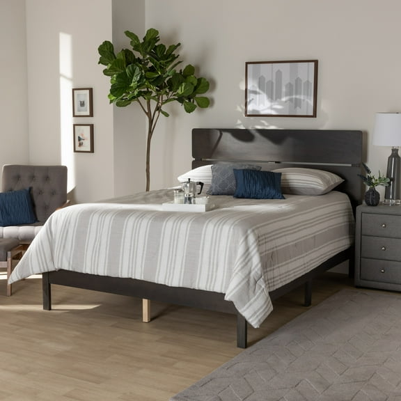 Queen Size Panel Bed - Dark Grey Oak Wood Frame, Modern Spind Headboard, Bedroom Furniture