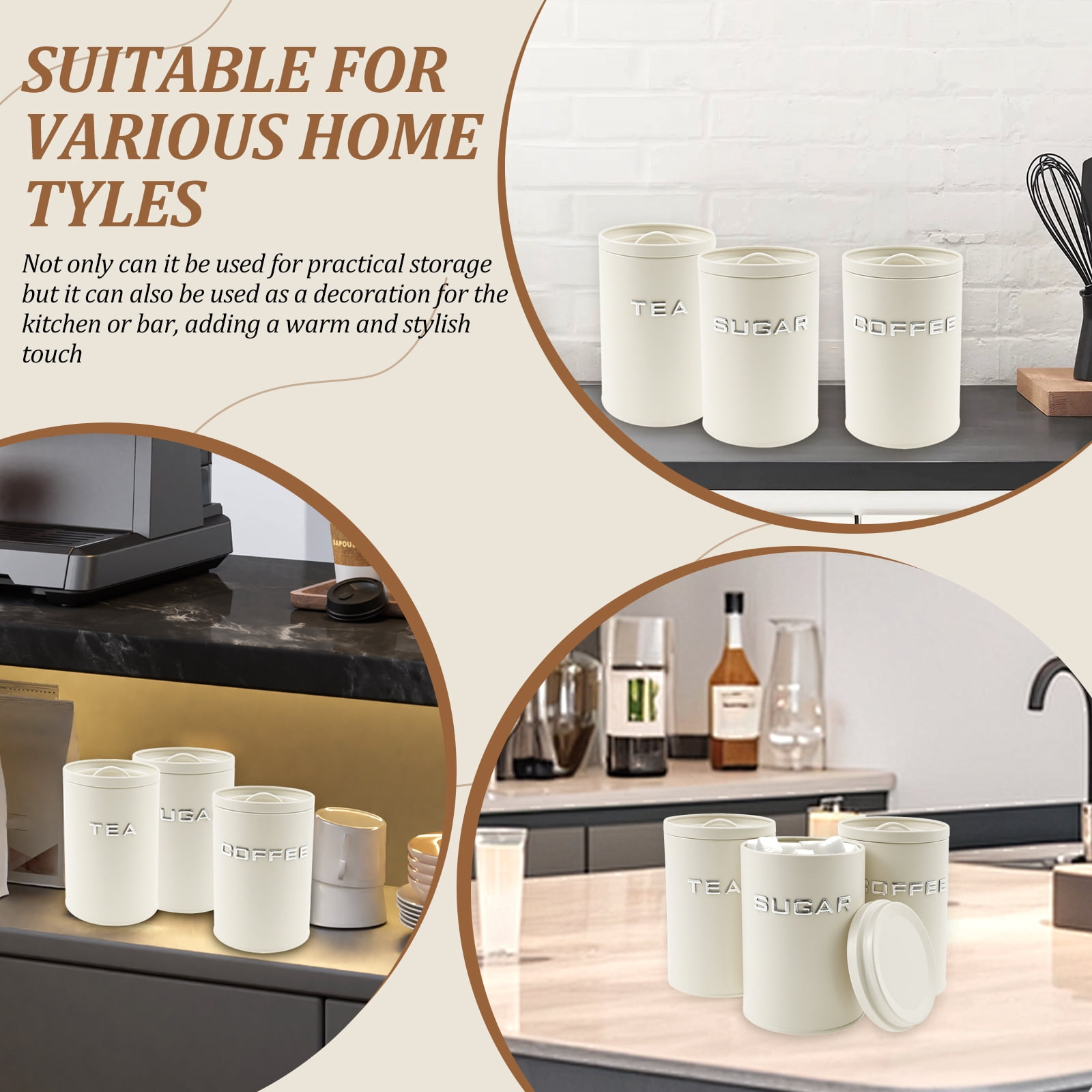 3 Pack Kitchen Canisters with Lids Airtight Metal Canister Set, Food Storage Containers Jars for Coffee, Sugar, Tea, Flour, Rustic Kitchen Decor Containers