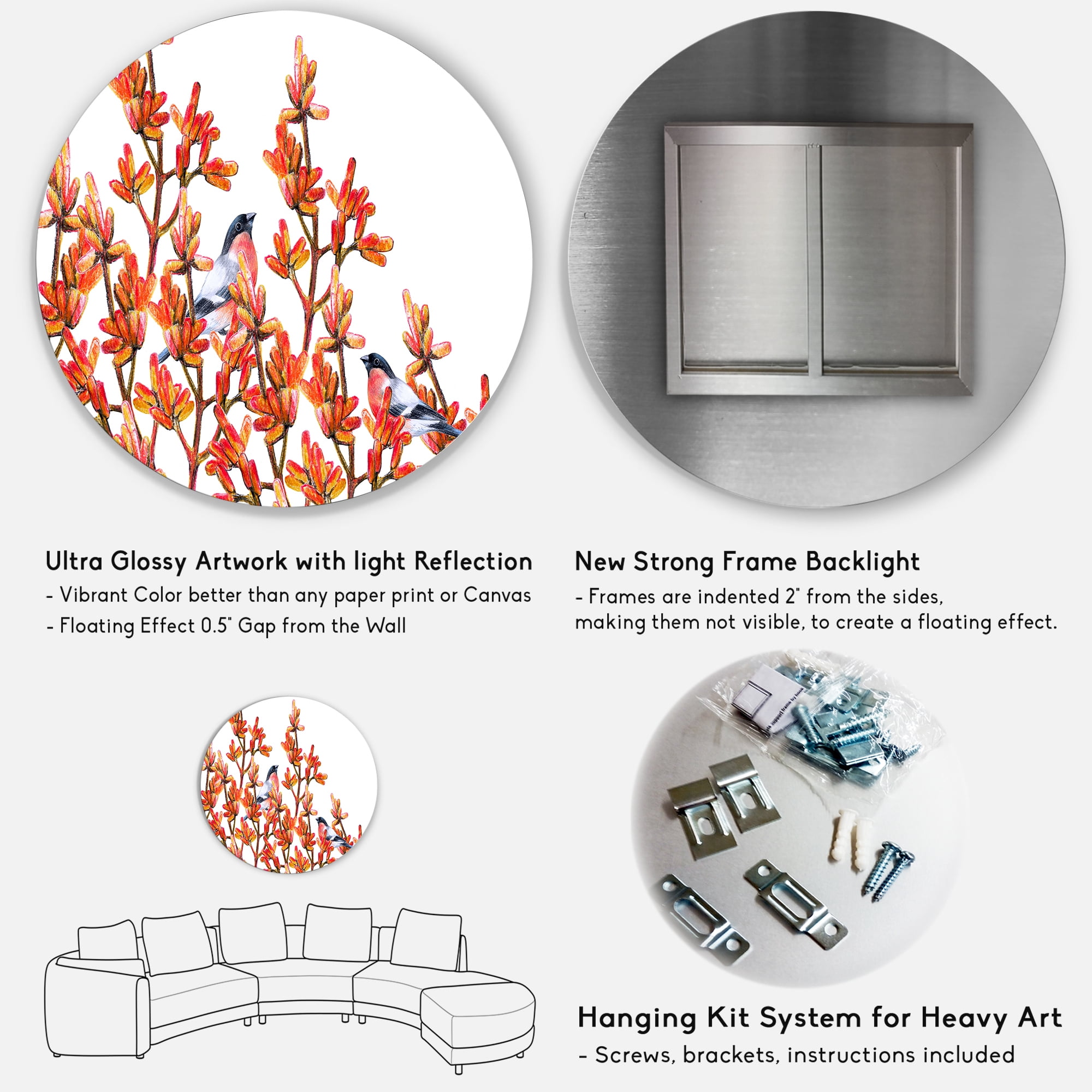 Designart 'Flock of Bullfinches Birds Sitting on Orange Branches' Traditional Circle Metal Wall Art 11x11 - Disc of 11
