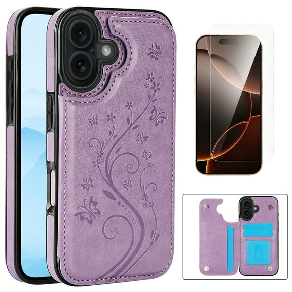 Dteck Wallet Case for iPhone 17 with Card Holder, Flower Back Flip Protective Phone Cover with HD Screen Protector for iPhone 17,Purple