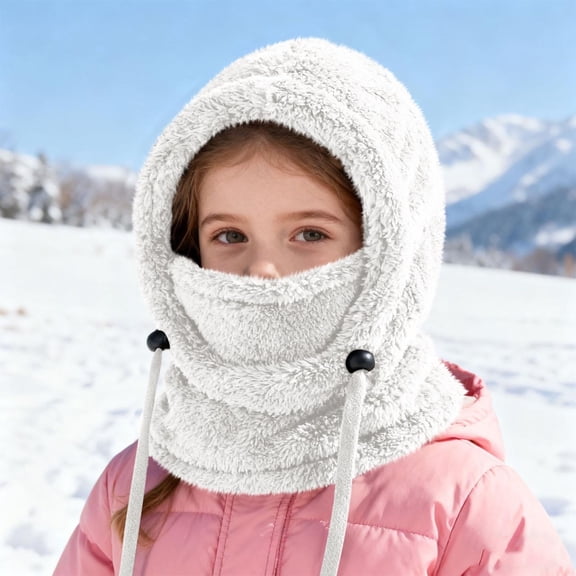 PInxai Kids Hats Winter Warm Thick Double-Layer Pullover Scarf Hat Fleece Lined Solid Color Windproof Outdoor Hats,White,3-10 Years
