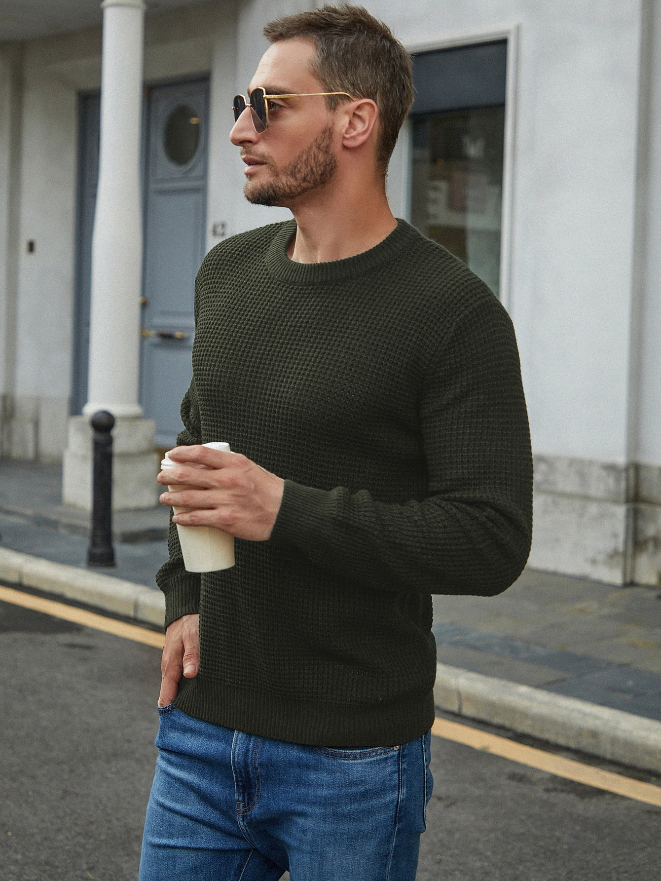 Army Green Casual Men Waffle Knit 