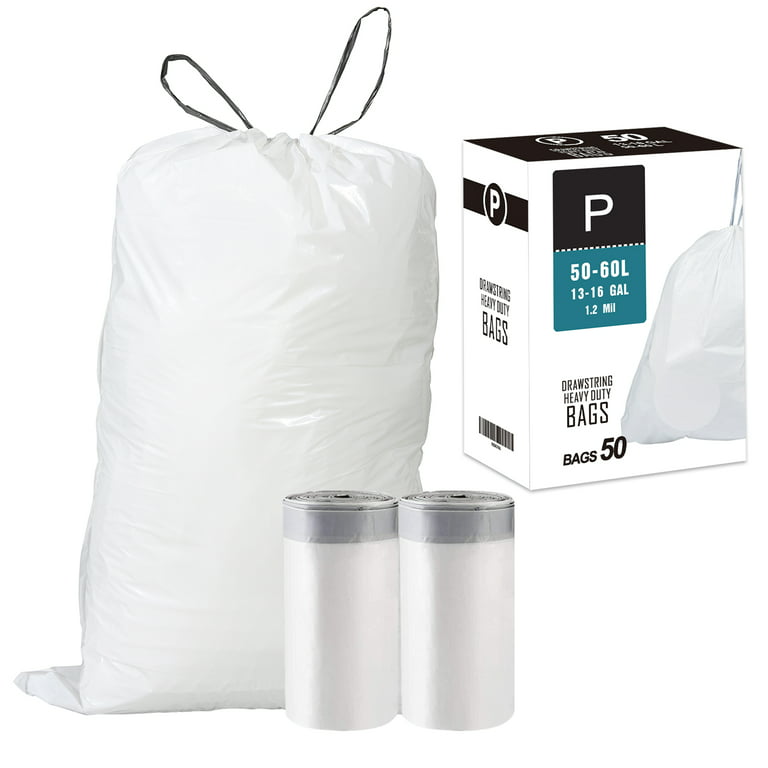 Code P (50 Count) 13-16 Gallon Heavy Duty Drawstring Plastic Trash Bags Compatible with Code P | 1.2 Mil | White| 50-60 Liter