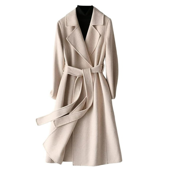 VNKIDY Women's Coat Autumn Winter Solid Color Belted Plush Overcoat Long Sleeve Collared Sleek Timeless Style Coat For Casual Daily Streetwear Activities Classic Outerwear