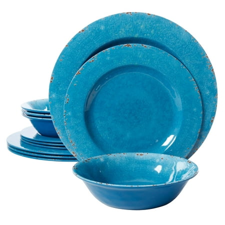 - Studio California Mauna 12 Piece Melamine Dinnerware Set in Blue Crackle Look Decal
