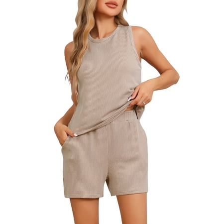 DARING DIVA Women s Lounge Sets with Stripe Shorts and Tank Top S Kahki