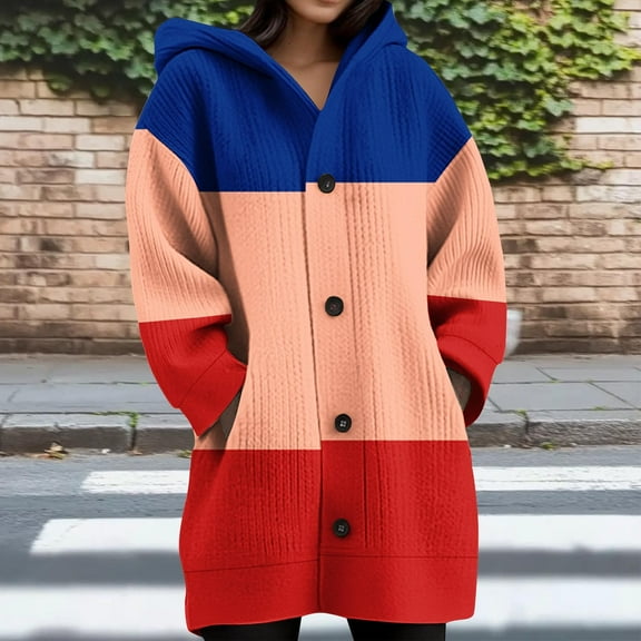 Wiicoznt Plus Size Hooded Jackets for Women Button Up Printed Long Sleeve Jackets with Pockets Fahion Casual Loose Coats for Holiday