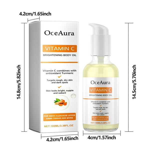 Aceite esencial de vitamina C, aceite corporal iluminador, hidratante para la piel, vitamina E y cúrcuma, aceite corporal nutritivo, iluminador e hidratante para mejorar la piel, 100 ml de esencia