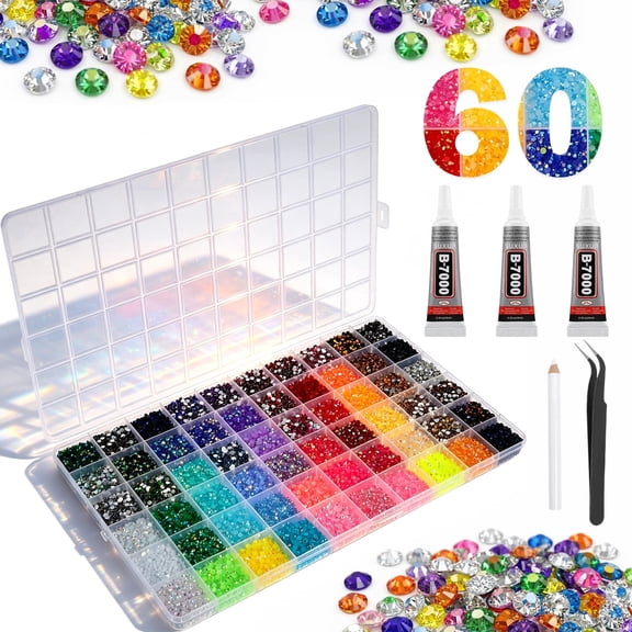 50000 Pcs Resin Rhinestone Bedazzling Kit 60 Colors 0.12in(3mm) Flatback Gem for Diamond Art Bedazzle Kit with 3 Pcs Glue for Nail Art Crafting Makeup