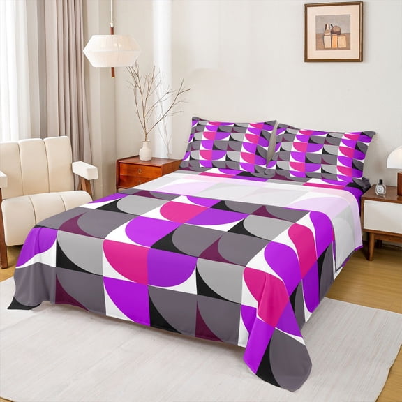Manfei Modern Abstract Half Circle Queen Sheets, Geometric Square Block Queen Sheet Sets, Purple Gray Black, Black Reversible 4pcs1 Flat Sheet   1 Fitted Sheet   2 Pillowcases