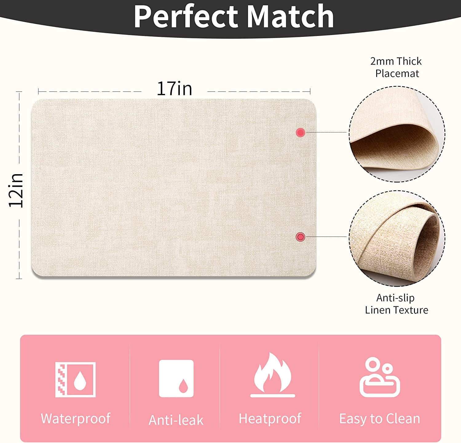 Lifestance Faux Leather Placemats Set of 6, Waterproof Heat Resistant Non Slip Dining Table Mats, 17x12 inch Rectangle Beige, Indoor Outdoor Use