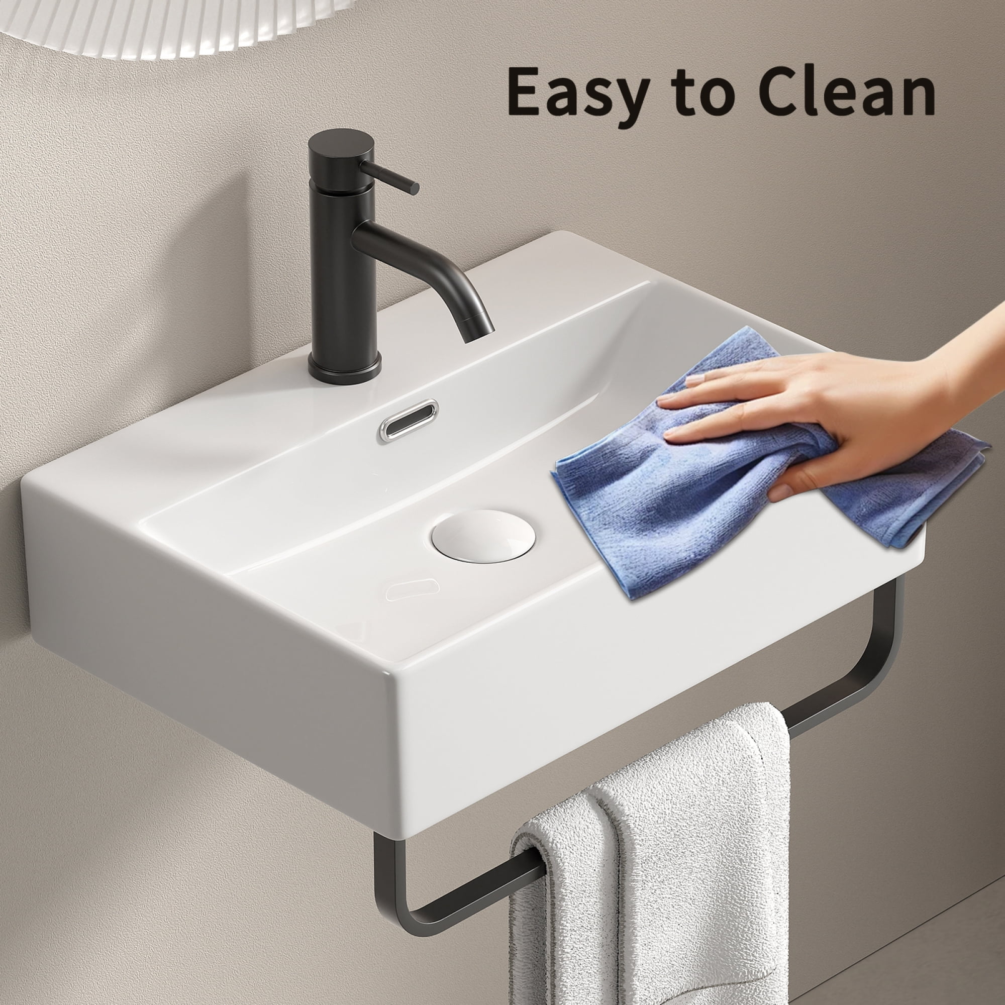 Leumius 20.08" x 14.18" White Ceramic Bathroom Sink with Towel Rack,Bathroom Vessel Sink Wall Mount Basin Vanity Sink