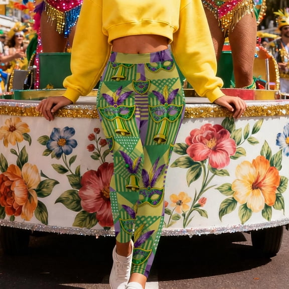 Visit the JURANMO Store Mardi Gras Pants Women Novelty Graphic High Waist Carnival Themed Party Leggings Holiday Parade Tight Pant Multicolor XXL