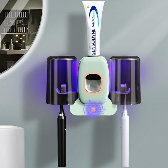 Toothbrush Holders for Bathrooms,Automatic Toothpaste Dispenser Space Saving Toothbrush and Toothpaste Holder，Toothbrush Holder Wall Mounted with 2 Cups for Bathroom (Green)