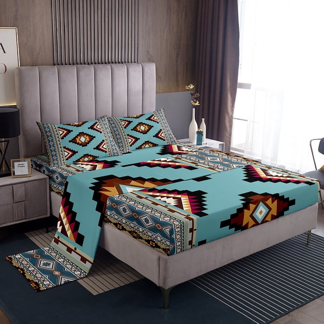 Erosebridal Aztec Bed Sheets Set Queen Size for Adult, Rustic Bear Bed Sheets Queen, Geometric Stripe Decor, 4pcs
