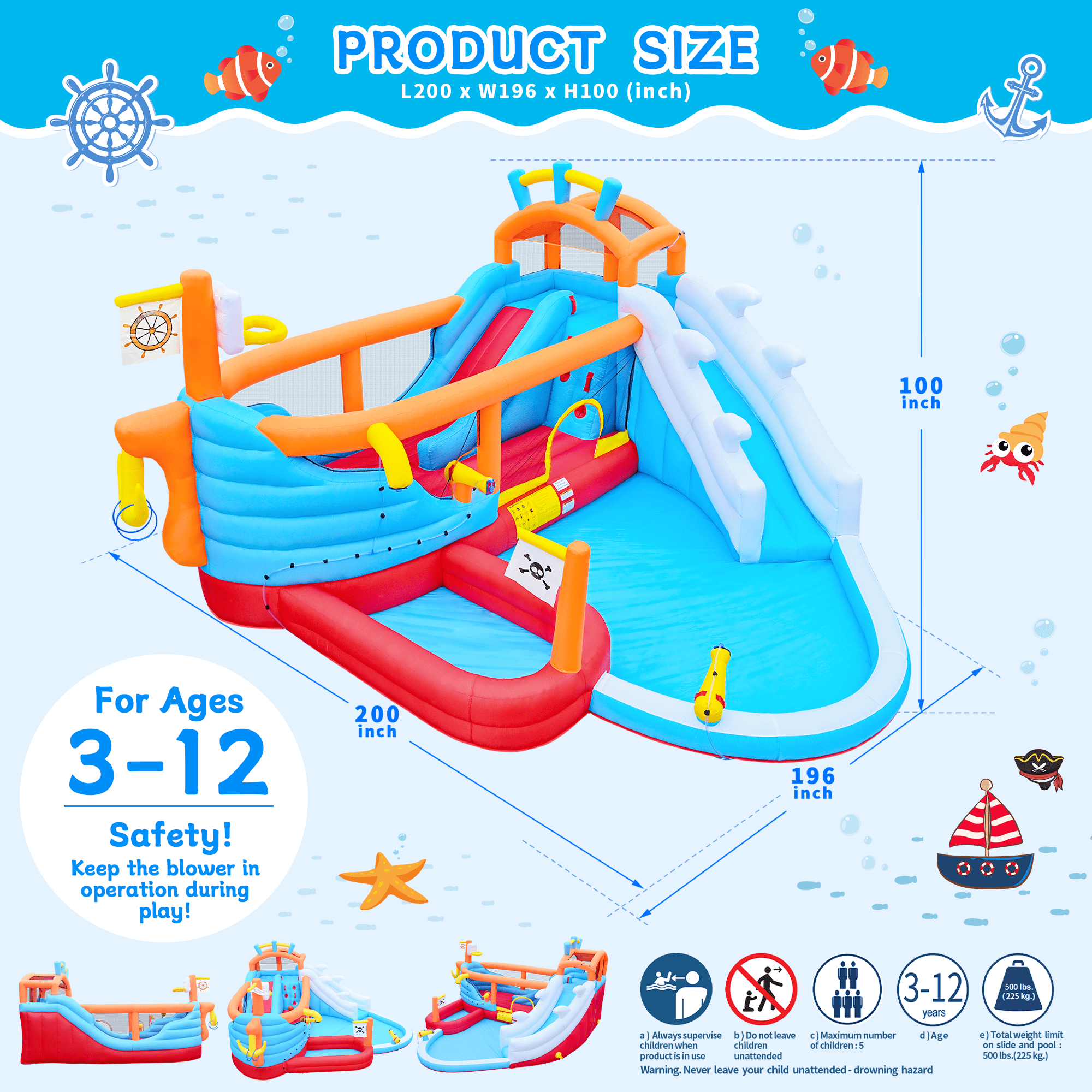 Mintazer 9-in-1 Inflatable Bounce House with Dual Slides, Climbing Wall, Basketball Hoop & Water Guns, Shallow & Bathing Pools for Bounce Castle, Indoor & Outdoor