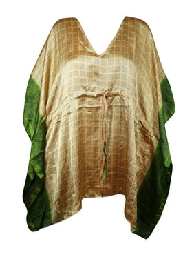 Mogul Women Green Beige Printed Kaftan Kimono Resort Wear Beach Cover Up Caftan Dresses 2XL