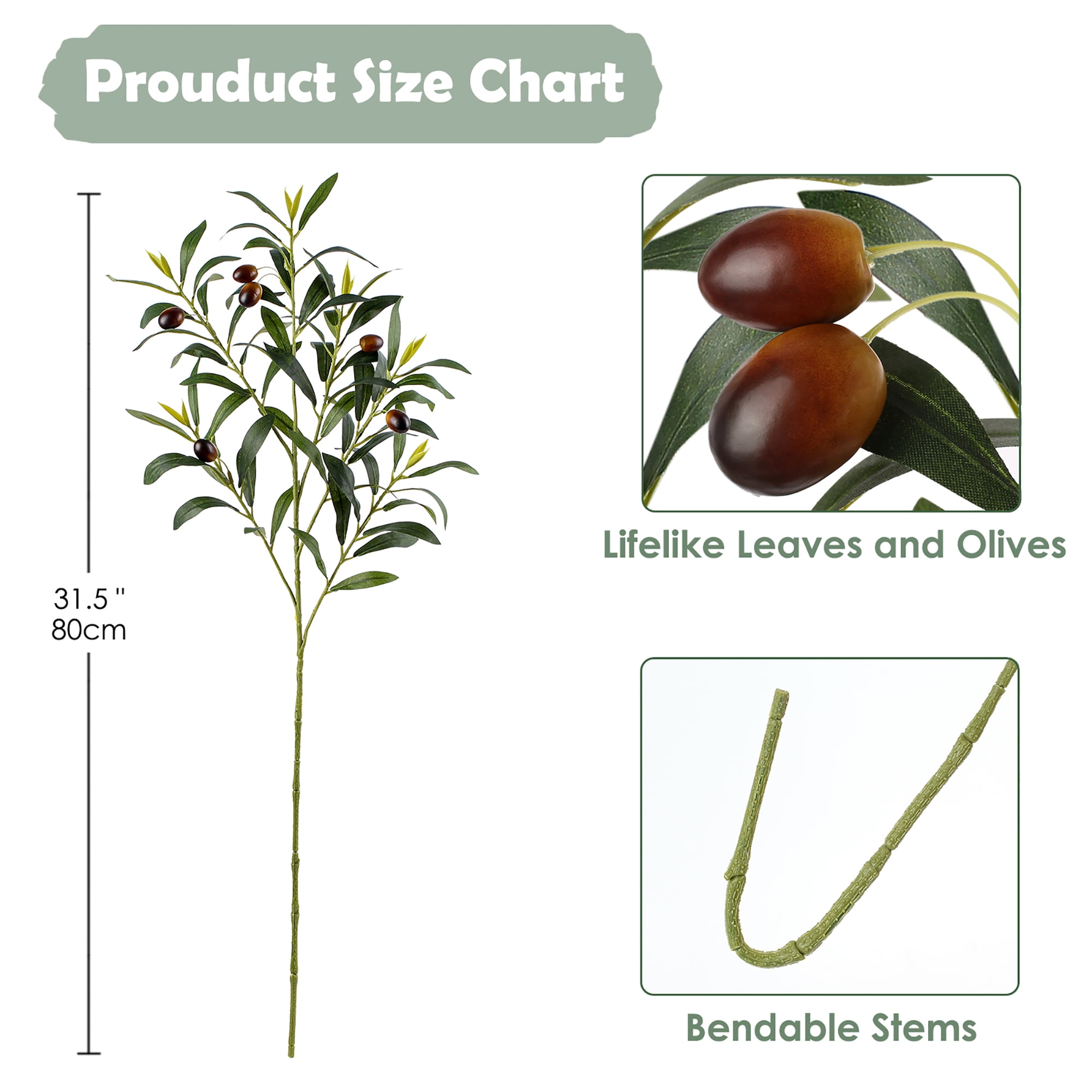 3 PCS 31.5" Tall Olive Leaves Artificial Plants Olive Tree Branches Greenery Fake Plants Long Stems Floral Arrangements for Home Office Wedding Party