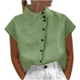 thumbnail image 2 of JGGSPWM Womens Button Down Solid Top and Blouse Summer Casual Cotton Linen Soft Tunic Tees High Neck Short Sleeve Shirts Green XXL, 2 of 7