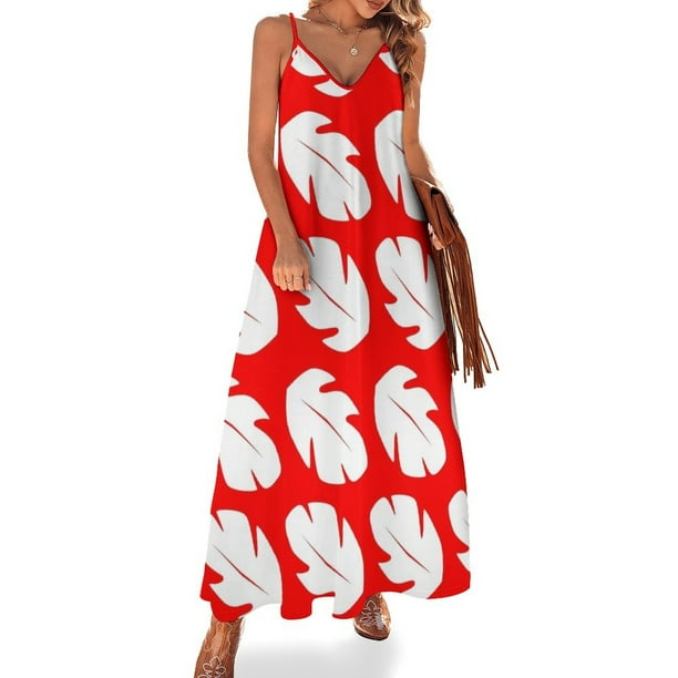 Vestido sin mangas de hojas tropicales rojas y blancas para mujer verano